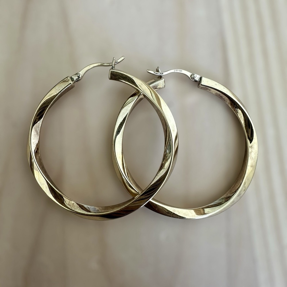 Vintage Artisan‎ SLC Hoop Earrings 1.625 Inch Twist Gold Plate 925 Sterling 5.5g